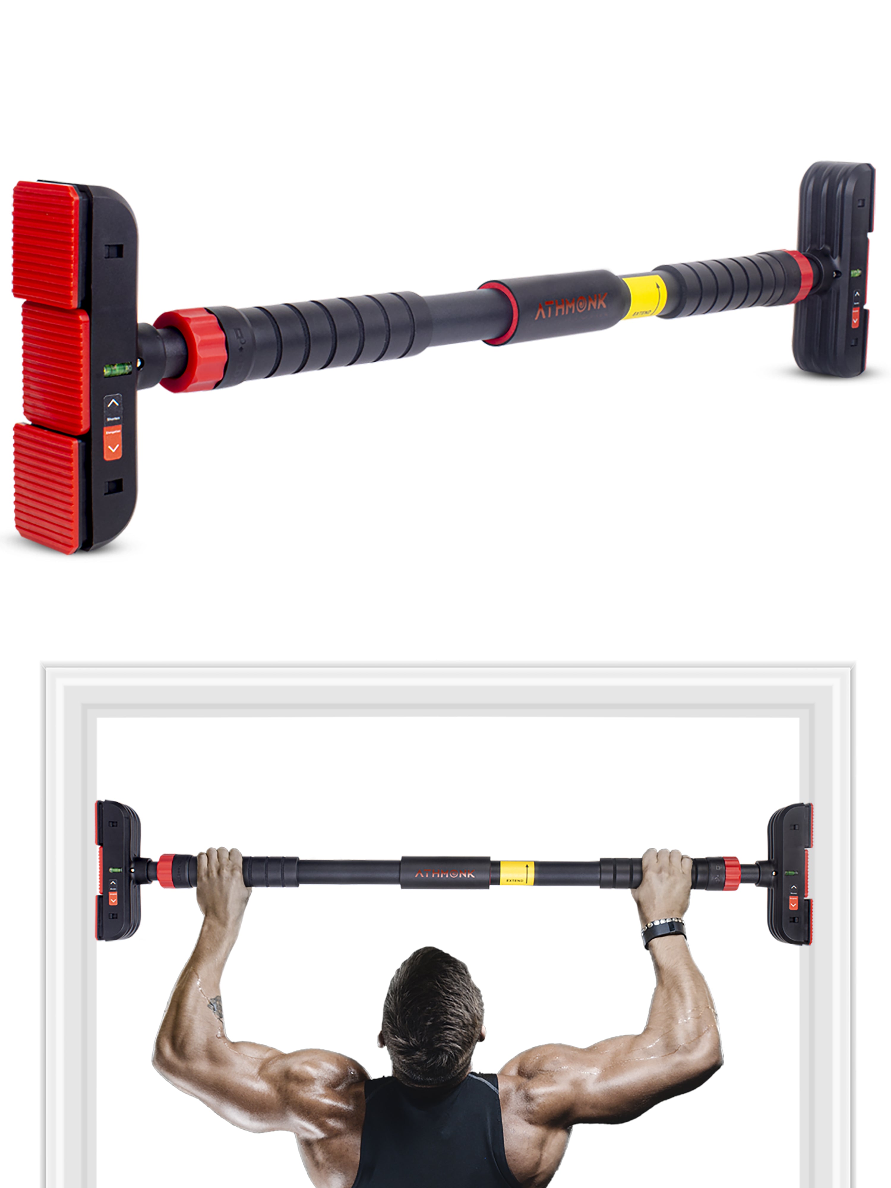 Athmonk No Screw Pull Up Bar Rod for Home Door Mounted - Hanging Exercise Equipment Gym Workout for Men Women - Height Increase Kids - 200kg Load - 75-110 cm Adjustable - Heavy Duty Carbonised Steel